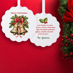 Holly Leaves & Berries Gold Bells Merry Christmas Ornament Card