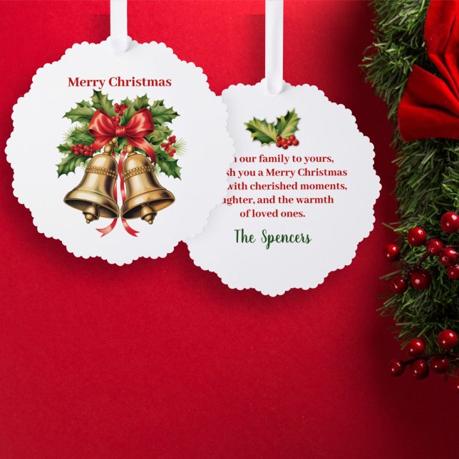 Holly Leaves & Berries Gold Bells Merry Christmas  Ornament Card (Creator Uploaded)