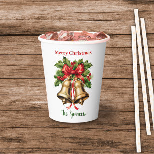 Holly Leaves & Berries Gold Bells Merry Christmas  Paper Cups