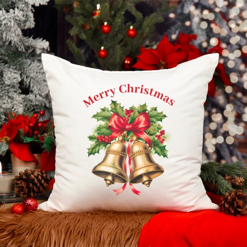 Holly Leaves  Berries Gold Bells Merry Christmas  Throw Pillow