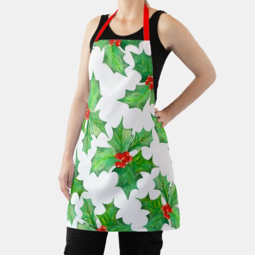 Holly Leaves Berries Red Green Floral Christmas Apron