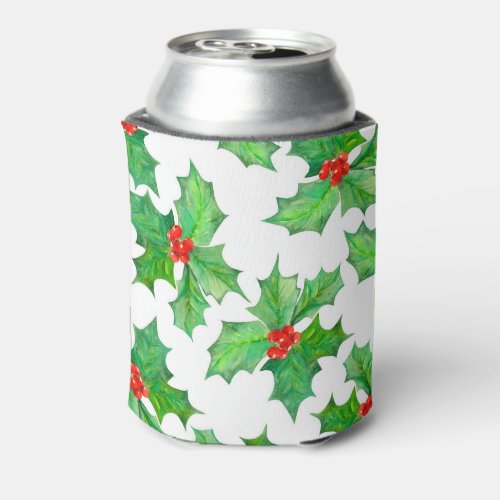 Holly Leaves Berries Red Green Floral Christmas Can Cooler