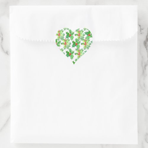 Holly Leaves Berries Red Green Floral Christmas Heart Sticker