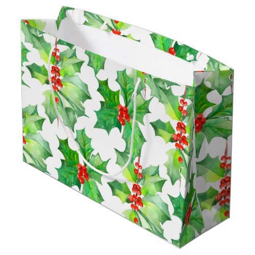 Holly Leaves Berries Red Green Floral Christmas Large Gift Bag