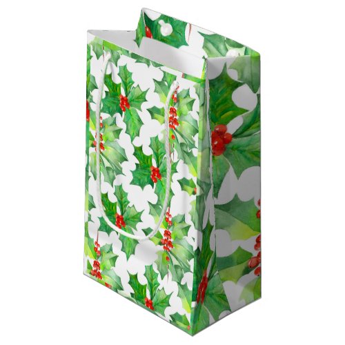 Holly Leaves Berries Red Green Floral Christmas Small Gift Bag