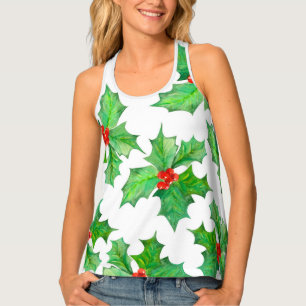 Holly Leaves, Berries, Red, Green Floral Christmas Tank Top