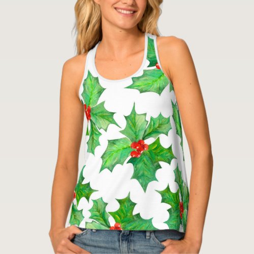 Holly Leaves Berries Red Green Floral Christmas Tank Top