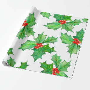 Holly Leaves, Berries, Red, Green Floral Christmas Wrapping Paper