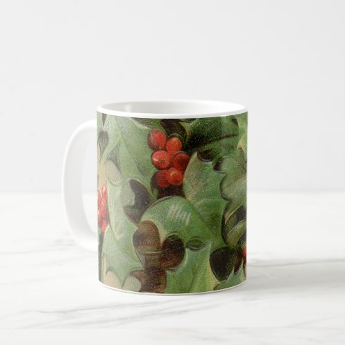 holly leaves berries vintage art print christmas coffee mug