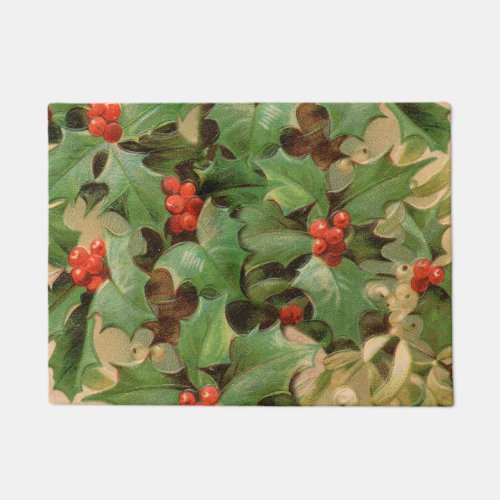 holly leaves berries vintage art print christmas doormat