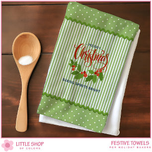 Holly Leaves Berries Vintage Stripes Christmas Kitchen Towel