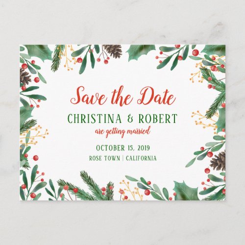 Holly Leaves Berry Christmas  Save The Date Announcement Postcard