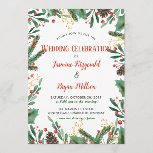 Holly Leaves Berry Christmas Wedding Invitation