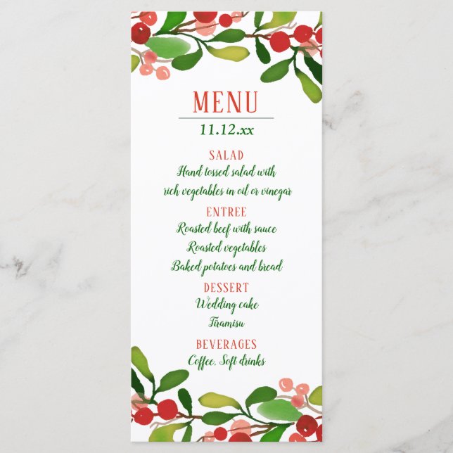 Holly Leaves Berry Christmas | Wedding Menu (Front)