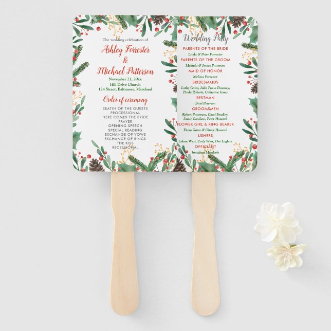 Holly Leaves Berry Christmas | Wedding Program Hand Fan (Front and Back)
