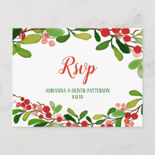 Holly Leaves Berry Christmas Wedding RSVP Invitation Postcard