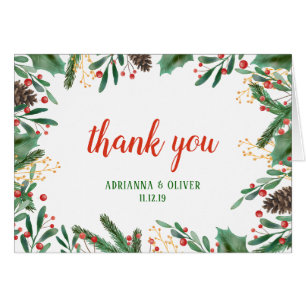Holly Leaves Berry Christmas   Wedding Thank You Cards