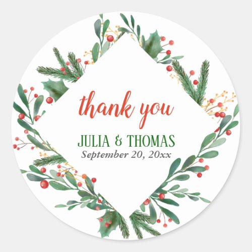 Holly Leaves Berry Christmas  Wedding Thank You Classic Round Sticker