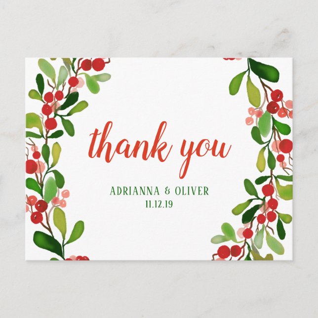 Holly Leaves Berry Christmas | Wedding Thank You Postcard (Front)