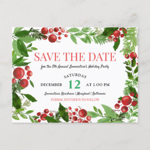 Holly Leaves Berry Holiday Party Save The Date Announcement Postcard