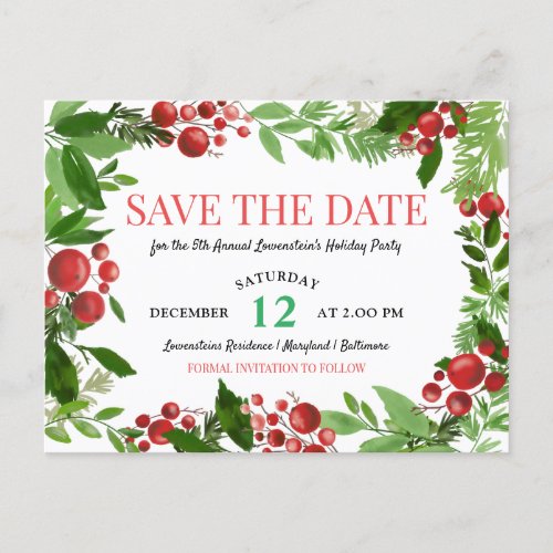 Holly Leaves  Berry Holiday Party Save The Date Announcement Postcard