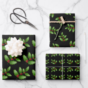Holly Leaves Black Christmas Wrapping Paper Sheets