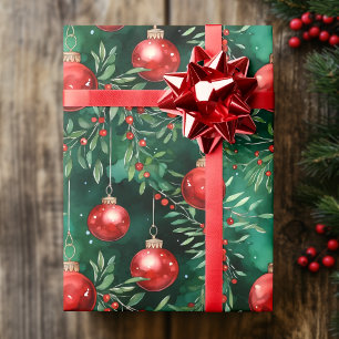 Holly Leaves & Christmas Bulbs Watercolor in Green Wrapping Paper