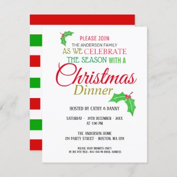 Holly Leaves Christmas Dinner Invitation by visionsoflife at Zazzle