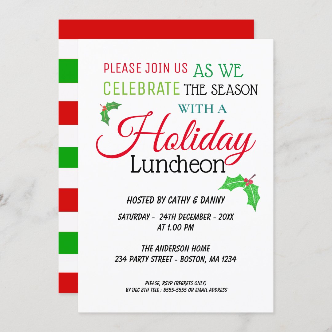 Holly Leaves Christmas Luncheon Invitation | Zazzle