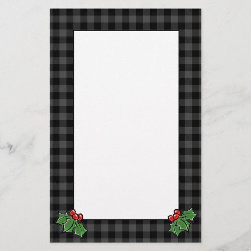 Holly leaves  gray plaid  Christmas cheer  Stationery