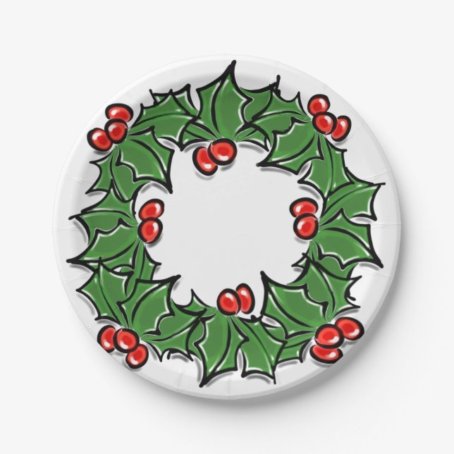 Holly Leaves, Holly berries, Christmas wreath  Paper Plates (Front)