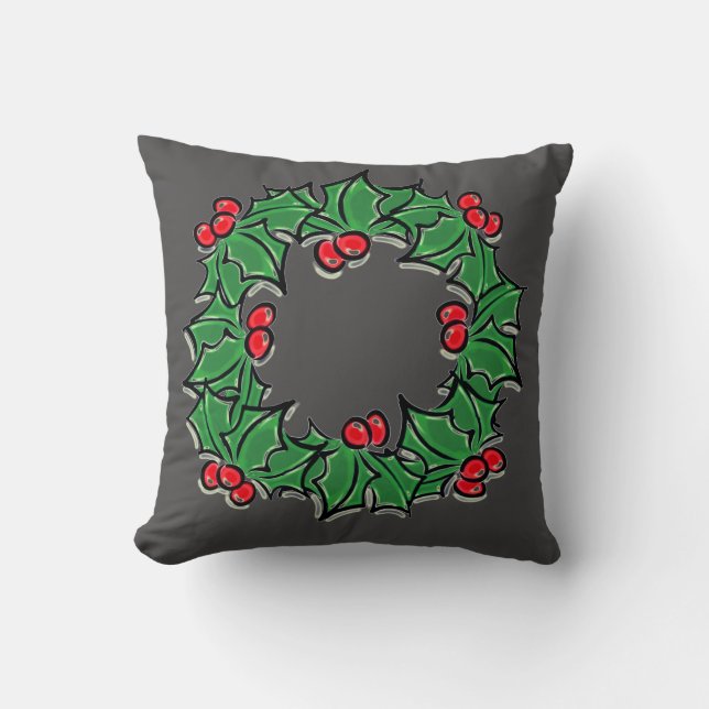Holly Leaves, Holly berries, Christmas wreath  Throw Pillow (Front)