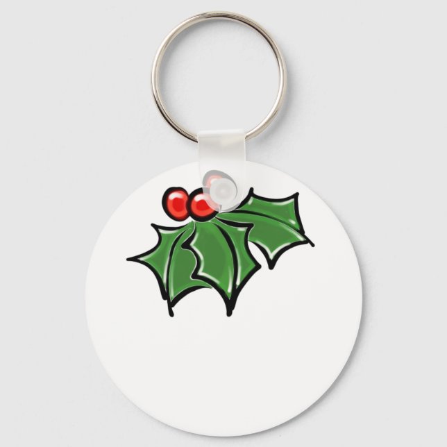 Holly Leaves, Holly berries, fun holiday botanical Keychain (Front)
