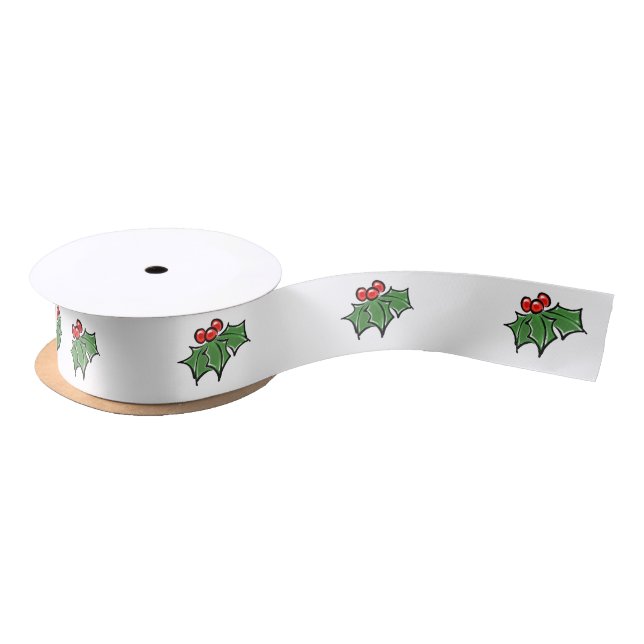 Holly Leaves, Holly berries, fun holiday botanical Satin Ribbon (Spool)