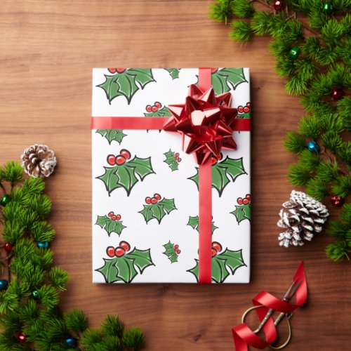 Holly Leaves Holly berries fun holiday botanical Wrapping Paper