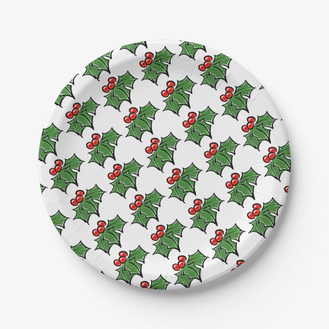 Holly Leaves Holly berries fun holiday pattern Paper Plates (Front)