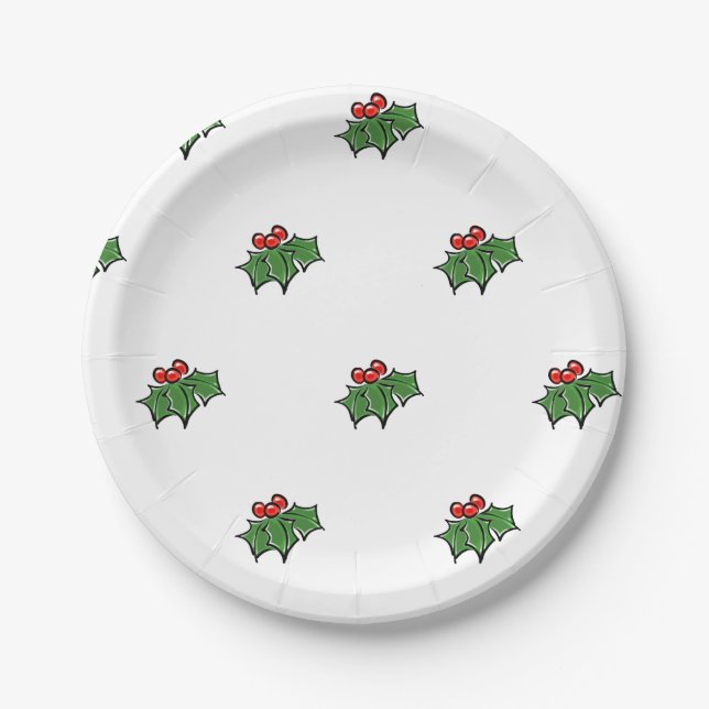 Holly Leaves, Holly berries, fun holiday pattern Paper Plates (Front)