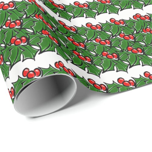 Holly Leaves Holly berries holiday pattern Wrapping Paper