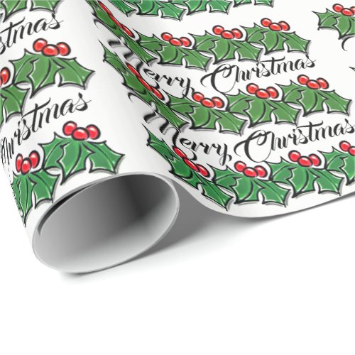Holly Leaves Holly berries Merry Christmas  Wrapping Paper