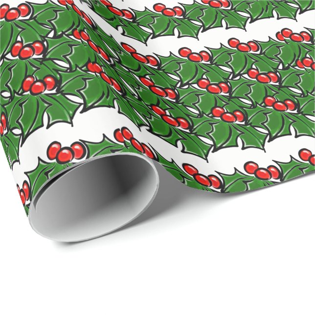 Holly Leaves Holly berry green red holiday pattern Wrapping Paper (Roll Corner)