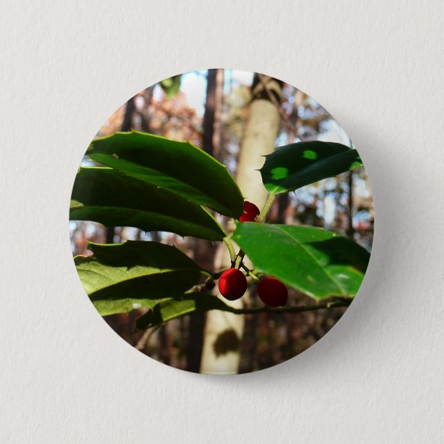 Holly Leaves I Holiday Botanical Pinback Button (Front)