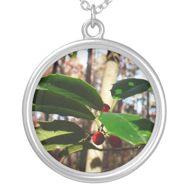 Holly Leaves I Holiday Botanical Silver Plated Necklace (Front)
