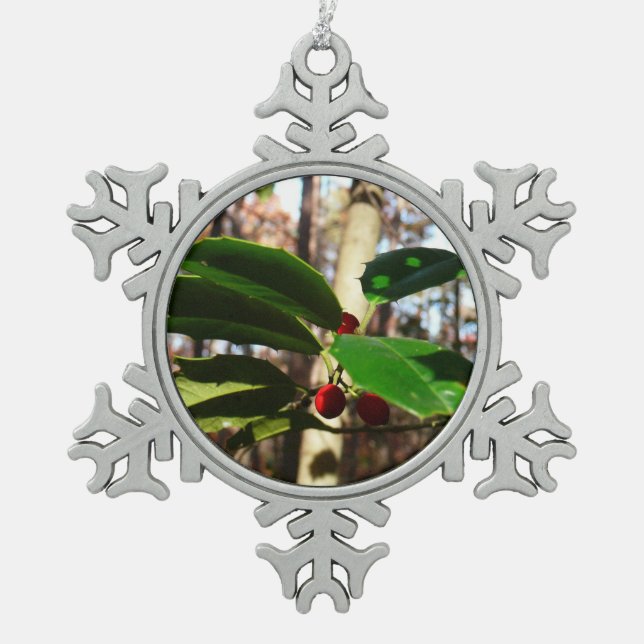Holly Leaves I Holiday Botanical Snowflake Pewter Christmas Ornament (Front)