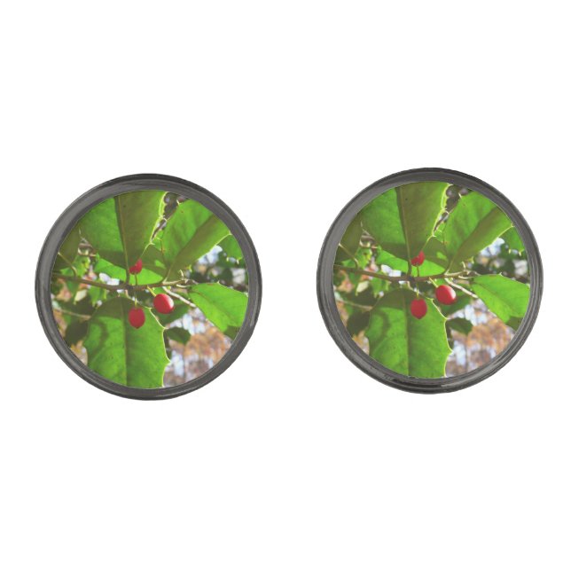 Holly Leaves II Holiday Nature Botanical Cufflinks (Front)