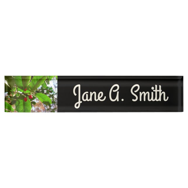 Holly Leaves II Holiday Nature Botanical Desk Name Plate (Front)
