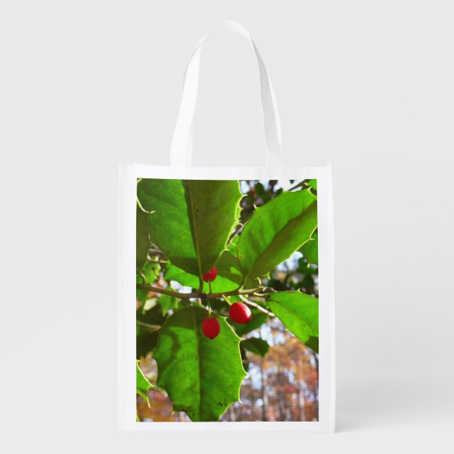 Holly Leaves II Holiday Nature Botanical Grocery Bag (Front)