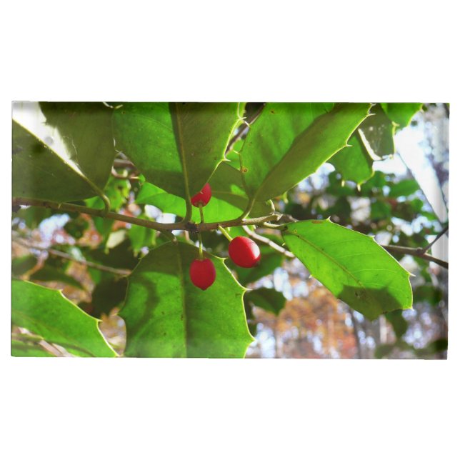 Holly Leaves II Holiday Nature Botanical Place Card Holder (Front)