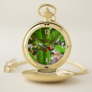 Holly Leaves II Holiday Nature Botanical Pocket Watch