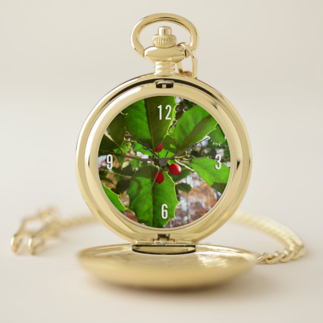 Holly Leaves II Holiday Nature Botanical Pocket Watch (Inside)