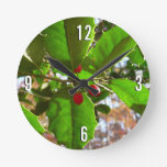 Holly Leaves II Holiday Nature Botanical Round Clock